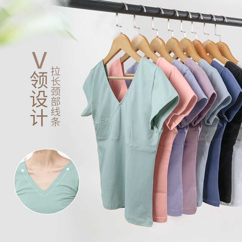 舞蹈上衣女新款成人芭蕾舞练功服夏V领短袖显瘦艺考形体服体操服-图0