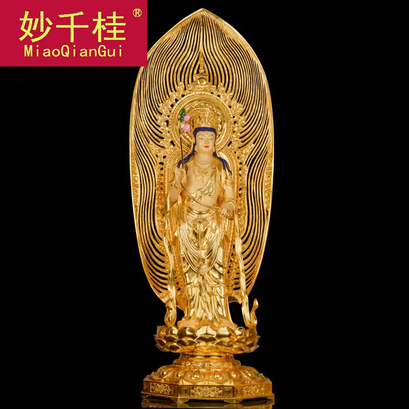 妙千桂纯铜鎏金观音站西方三圣神像 妙千桂摆件
