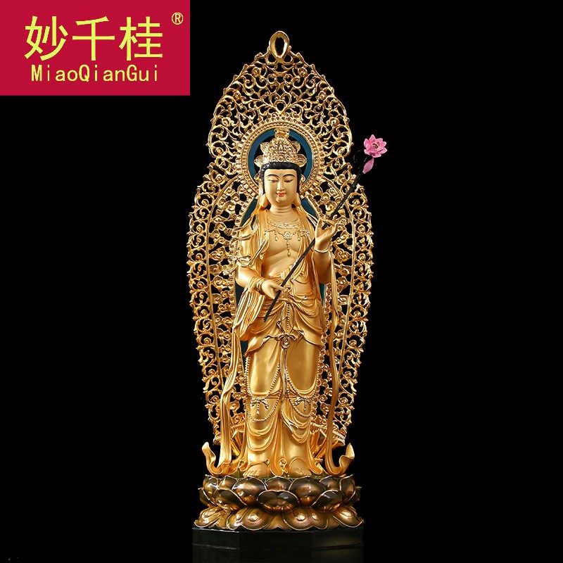 台湾纯铜彩绘观音佛像西方三圣铜像 妙千桂摆件