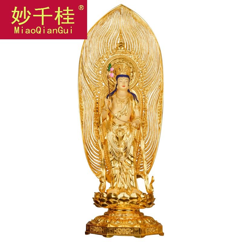 妙千桂纯铜鎏金观音站西方三圣神像 妙千桂摆件