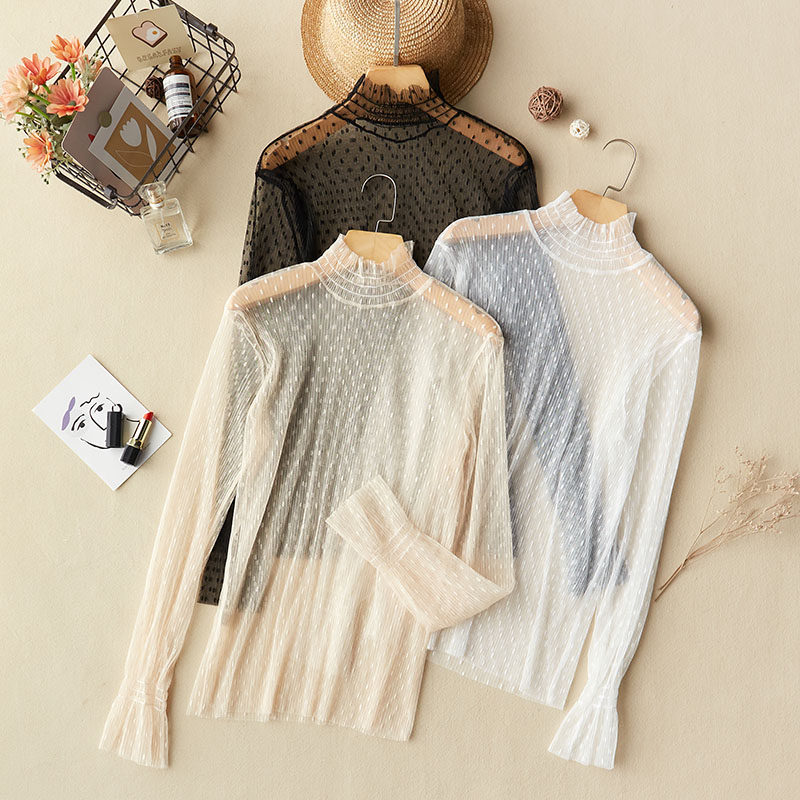 蕾丝秋冬季高领超仙气质洋气打底衫 简朴色蕾丝衫/雪纺衫