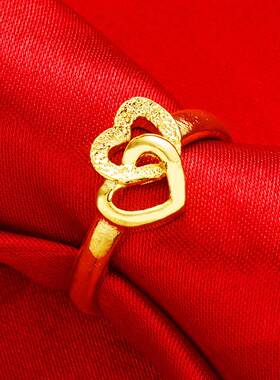 鑫饰界 复古双心戒指 镀金沙金戒指女 爱心心形磨砂开口女戒指