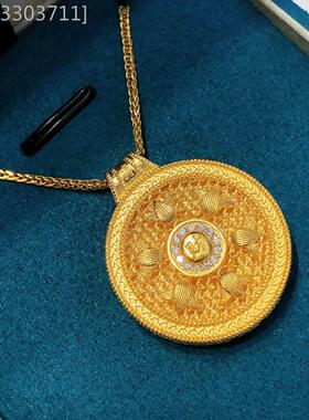 越南沙金黄财神安南扣项链男女吊坠古法扎吉点拉姆圆盘挂坠不掉色