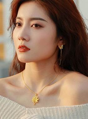 七夕送女友礼物简约枫叶吊坠沙金开枝散叶挂坠diy礼品项链饰品