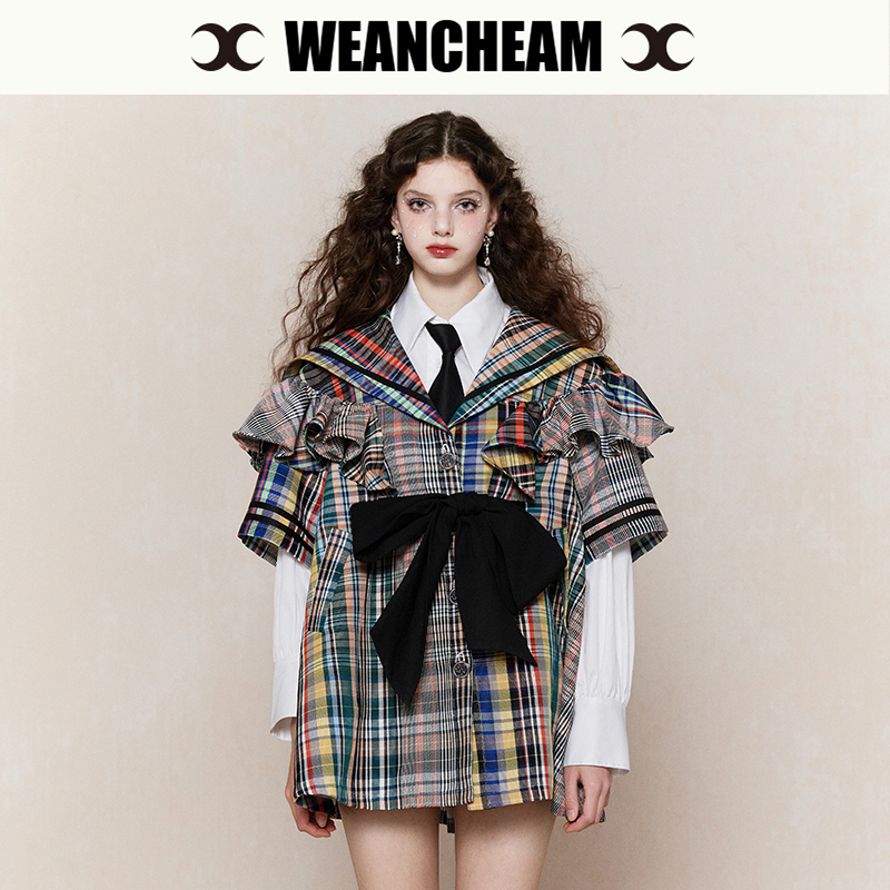 WEancheAM/未未姆  24SS春夏新品海军领花边连衣裙外套女拼接上衣