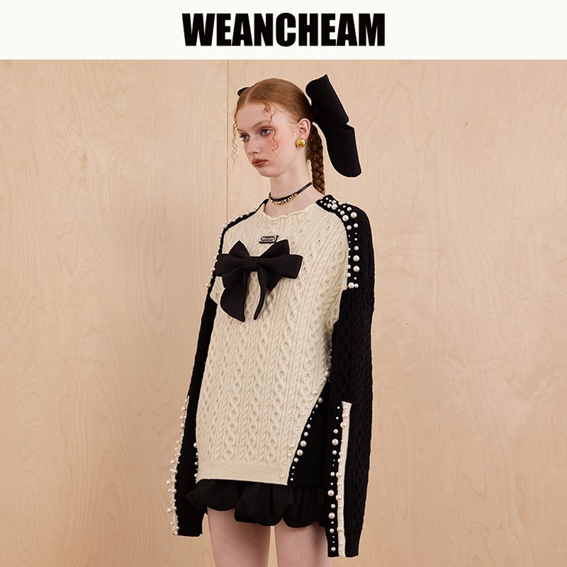 【双11全球狂欢】WEancheAM/未未姆  FW24秋冬新品蝴蝶结钉珠毛衣 - 图0