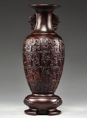 黑檀木雕刻花瓶摆件家居客厅电视柜新中式花瓶装饰工艺品乔迁送礼