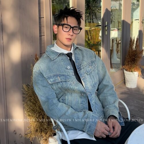 TTYM*秋季复古短款牛仔外套男翻领休韩系夹克男女休闲百搭痞帅潮 - 图1