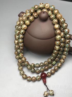 2026西藏老玛瑙108颗佛珠手串 做旧牙黄一线天红绿三眼天珠毛衣链