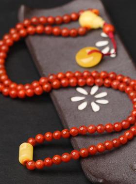 2026碧雅珠宝天然南红玛瑙108子多圈手串6mm搭配蜜蜡桶珠平安扣手