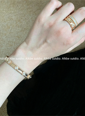 Alkbe sutdio 18k四叶草万花筒手镯女玫瑰金窄版水钻叠戴宽版手链
