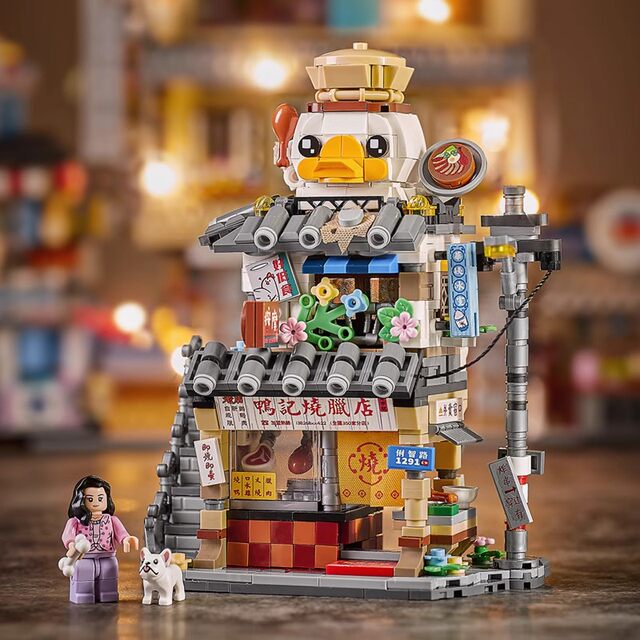 LOZ stone-milled rice roll shop food city small particle assembly fun high building block street view seafood food stall toy