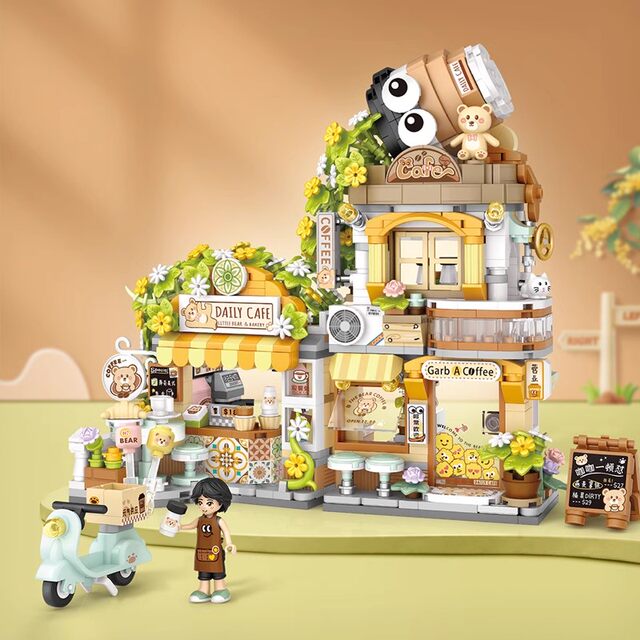 Loz Panda Teahouse foldable street view building blocks assembly fun high toy bear coffee three-dimensional puzzle gift