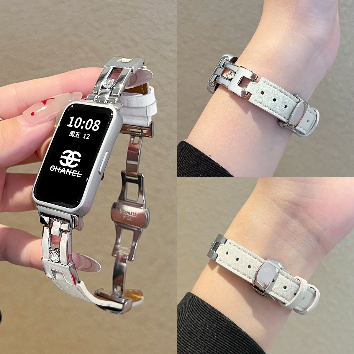 适用华为手环10手表带金属9nfc版新款手腕带8智能运动荣耀电子band7高级感手表链6pro高颜值十代女款皮质专用 - 图1