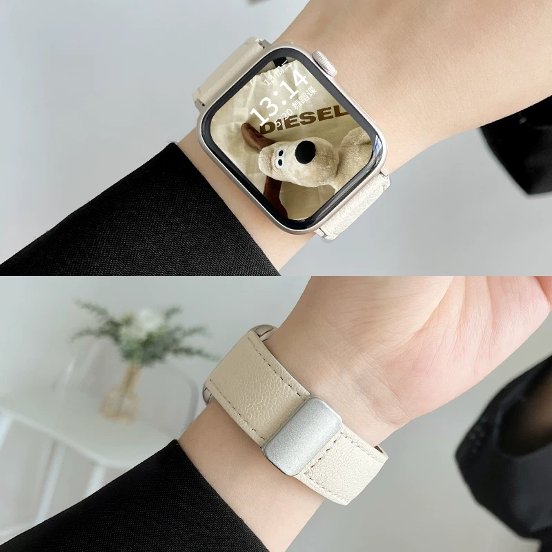 Подходящий ремешок для iWatch S8 S10 из натуральной кожи с магнитной пряжкой S7 S9 цепочка для часов S5 ремешок для часов S11 нишевые Apple Watch8 высококлассный женский ремешок текстура новый продукт