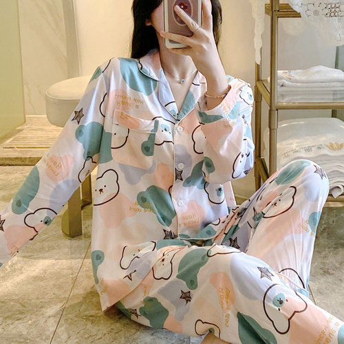 2026年夏季新款夏季女士棉绸睡衣套装长袖人造棉空调服宽松家居服 - 图2