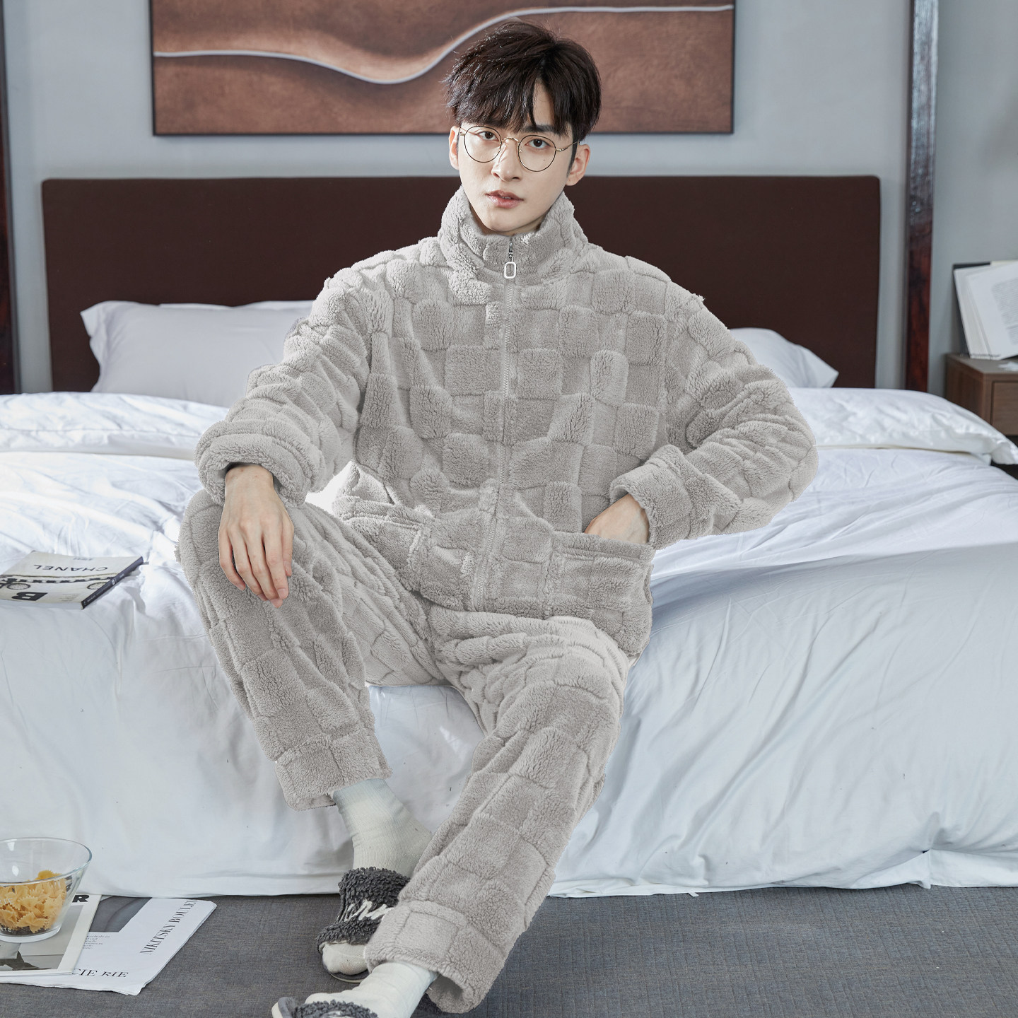 新款秋冬季珊瑚绒长袖长裤男士简约家居服法兰绒加厚保暖套装外穿,淘宝优惠券,粉丝福利购,淘宝优惠卷