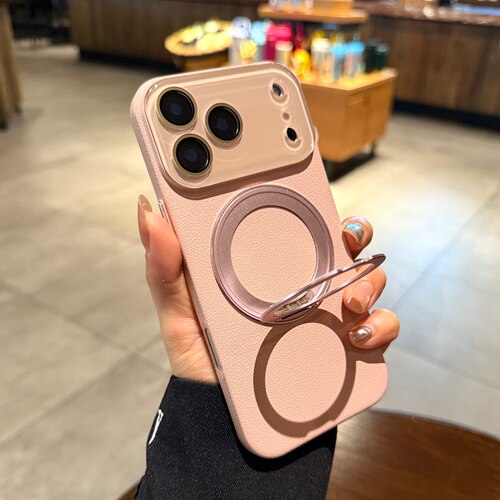 带旋转磁吸支架适用苹果17promax手机壳iphone17Air新款16pro镜头膜全包15粉色13荔枝纹14女12Magsafe保护套 - 图0