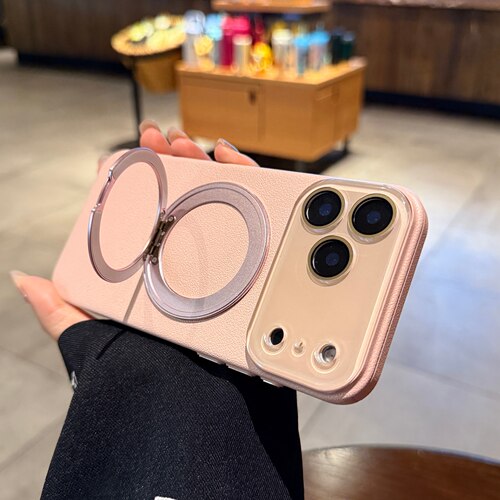 带旋转磁吸支架适用苹果17promax手机壳iphone17Air新款16pro镜头膜全包15粉色13荔枝纹14女12Magsafe保护套 - 图1