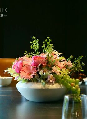 高端圆桌转盘仿真花餐桌花摆花轻奢高档酒店茶室中间摆件大装饰花