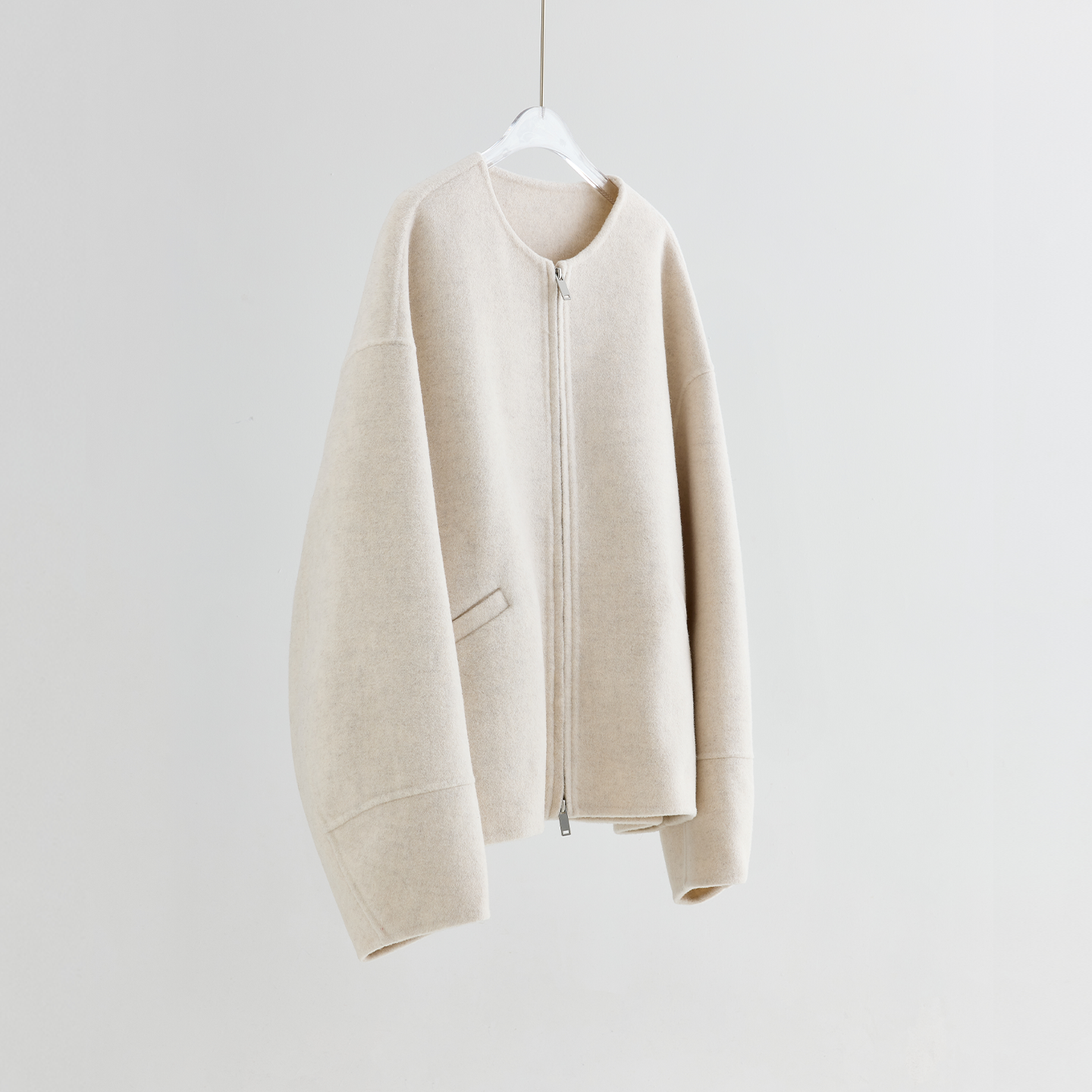 ~圆领双头拉链羊驼毛绵羊毛呢短款外套女秋冬廓形夹克米白大码,淘宝优惠券,粉丝福利购,淘宝优惠卷
