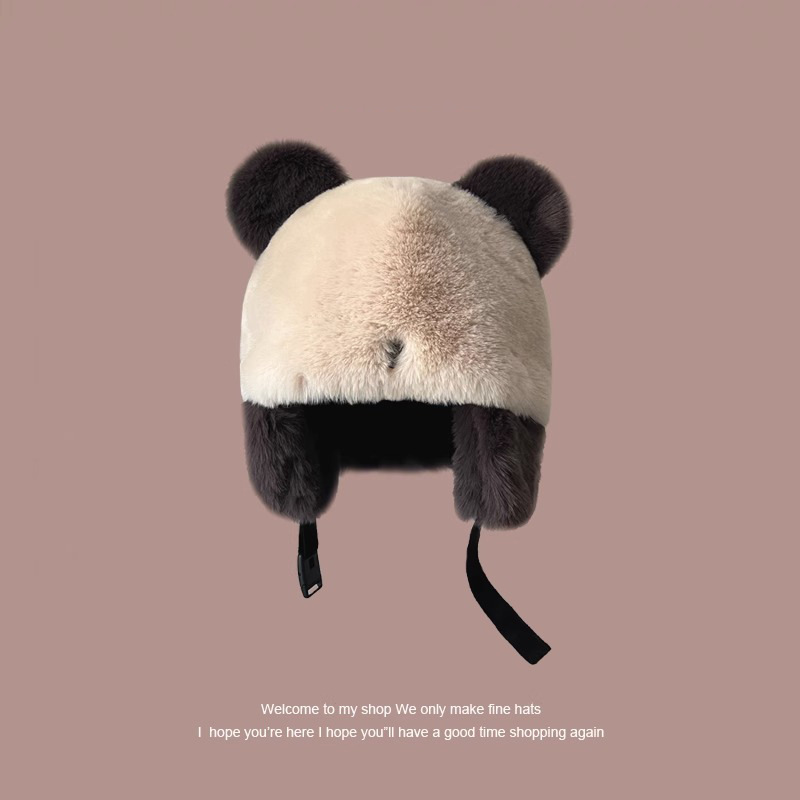 Classy key新加坡设计师联名款可爱熊猫毛绒帽加厚护耳保暖滑雪帽 - 图3