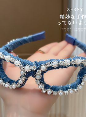 复古水洗蓝牛仔缠绕珍珠水钻发箍
