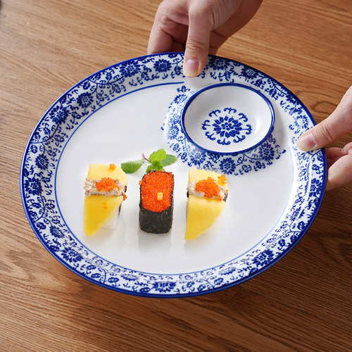 俊骨 青花瓷饺子盘蒸菜盘带格碟蒸鱼盘水饺盘子陶瓷家用酒店餐厅 - 图0