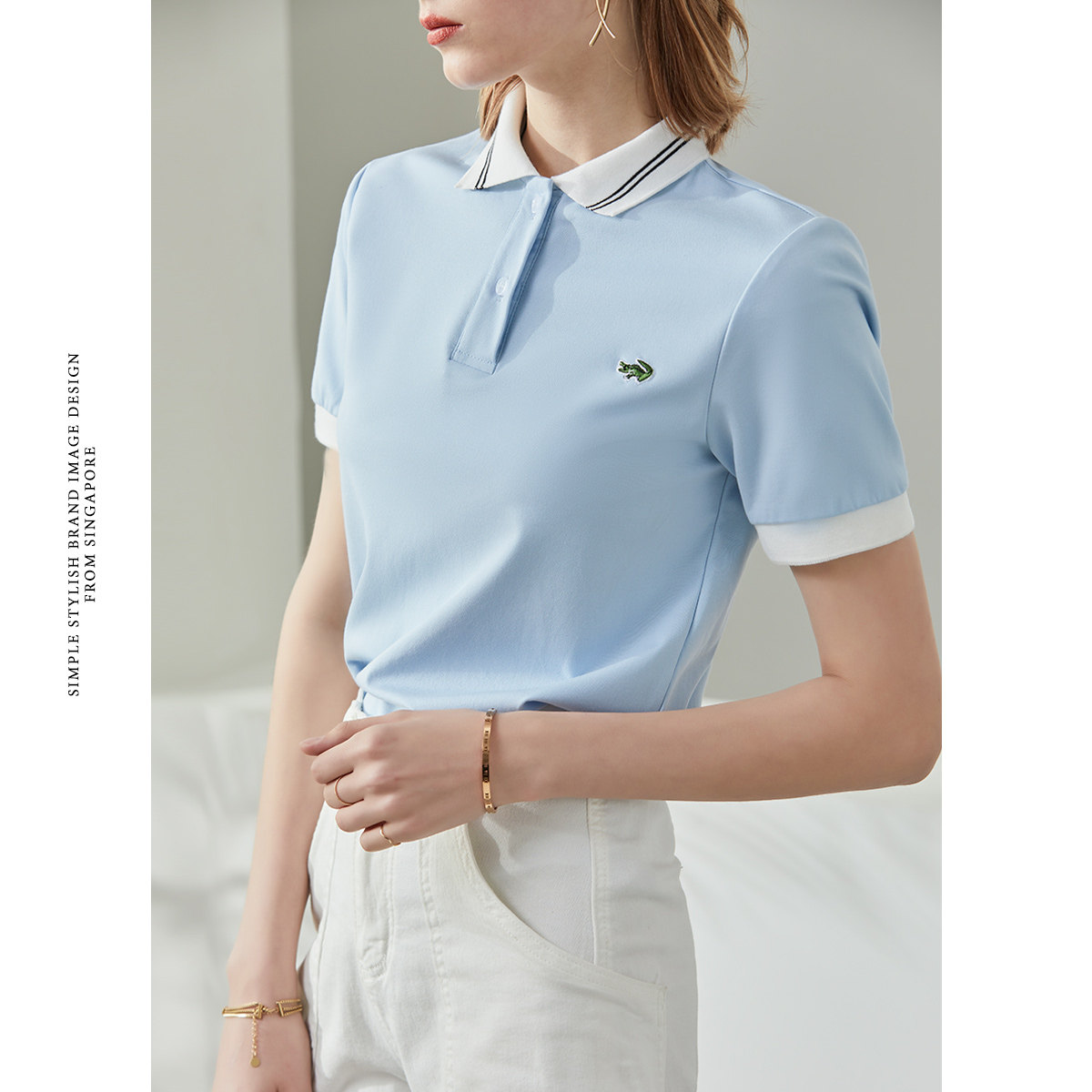 卡帝乐鳄鱼女装蓝色日系运动polo衫 carteloladiesT恤