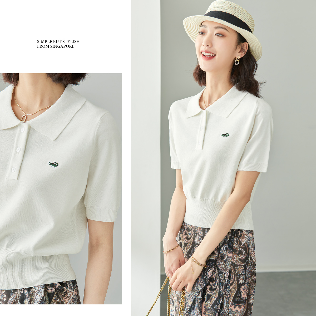 鳄鱼白色针织polo领女短袖t针织衫 carteloladiesT恤
