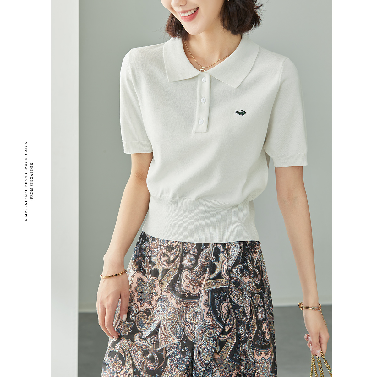 鳄鱼白色针织polo领女短袖t针织衫 carteloladiesT恤