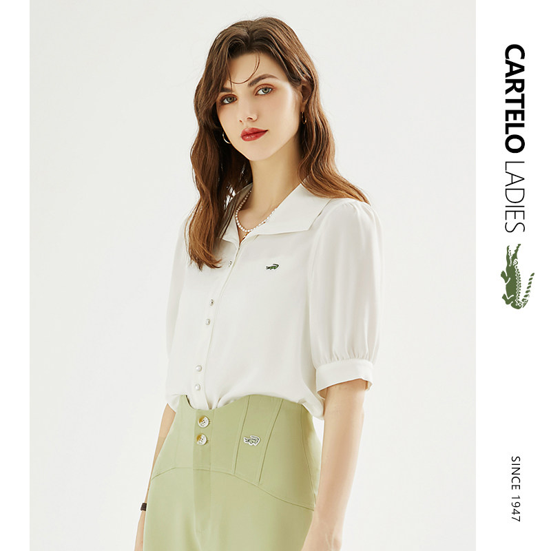 鳄鱼白色雪纺女短袖夏季灯笼袖衬衫 carteloladies衬衫