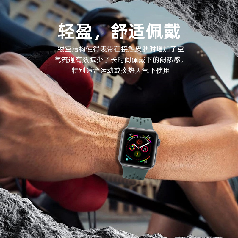 AppleWatchS9/8/7/6/5代磁吸折叠金属扣可调节大小41mm适用于苹果手表带S4代3镂空透气硅胶手表腕带SE2运动款 - 图3