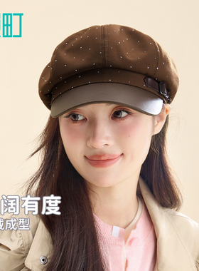 畹町烫钻时尚拼皮八角帽日系复古显脸小美拉德风画家帽报童帽子