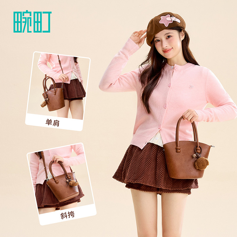 畹町趣味压纹手提斜挎包可露丽风棕色小托特包秋冬复古单肩包包女,淘宝优惠券,粉丝福利购,淘宝优惠卷