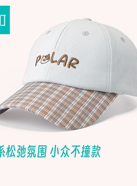 畹町格纹拼接软顶棒球帽女字母刺绣鸭舌帽复古小众显脸小遮阳帽