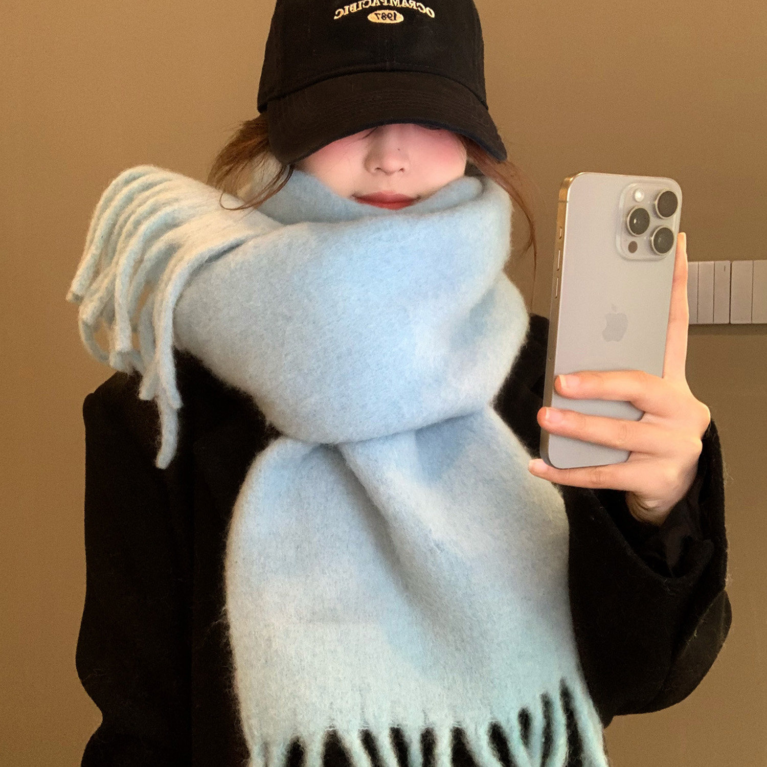 韩系氛围感奶呼呼雾霾蓝围巾女秋冬季学生加厚保暖马海毛围脖披肩,淘宝优惠券,粉丝福利购,淘宝优惠卷