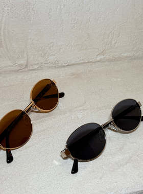 复古金属椭圆小框茶色太阳镜男潮女生高级感简约遮阳防紫外线墨镜