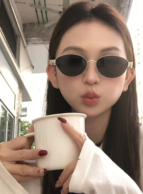 欧美银框椭圆墨镜女潮男2025新款小框小脸高级感太阳眼镜防晒复古