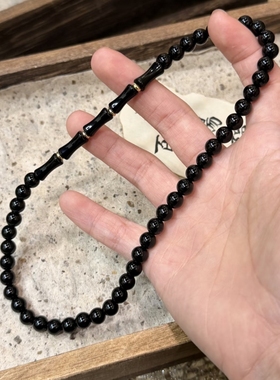 天然黑曜石圆珠搭配玛瑙竹节双圈手串男女生百搭水晶转运手链6mm
