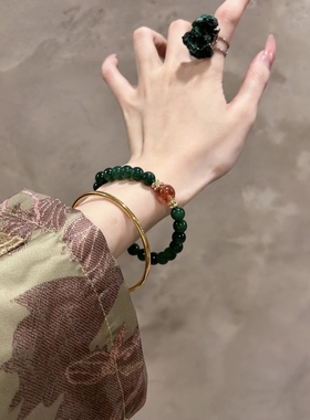 天然干青搭配红花胶手串女款新中式补木招财转运珠绿水晶手链文玩