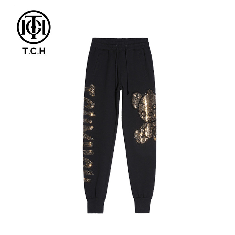 【直播】T.C.H/轻奢潮牌忧郁熊字母烫钻黑色长裤男女T21120C6033