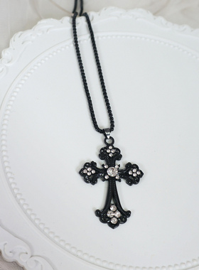 哥特花纹大十字架项链钻百搭饰品