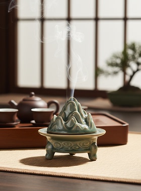 陶瓷禅意三足博山香薰炉茶道摆件
