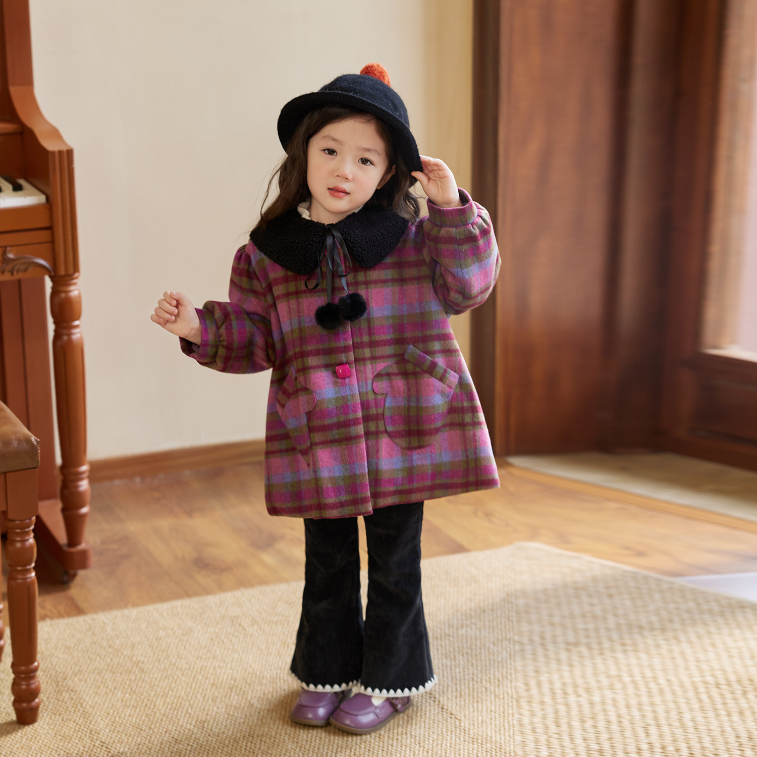 小O宝Okids女宝宝毛呢大衣女中长款秋冬新款婴儿复古翻领格子外套,淘宝优惠券,粉丝福利购,淘宝优惠卷