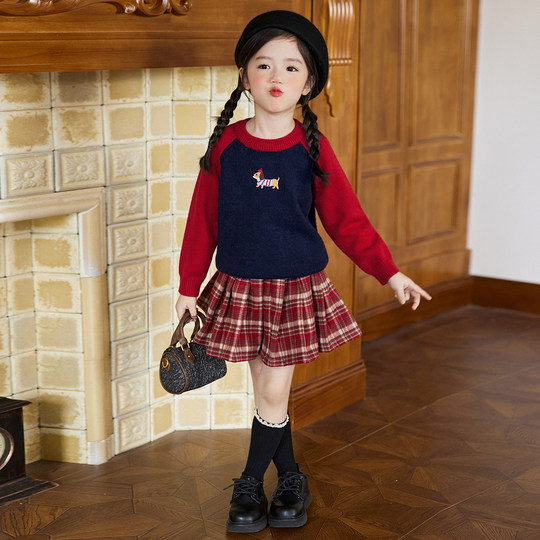 小O宝Okids童装宝宝毛衣女套装插肩袖图案2025冬季新款女童针织衫