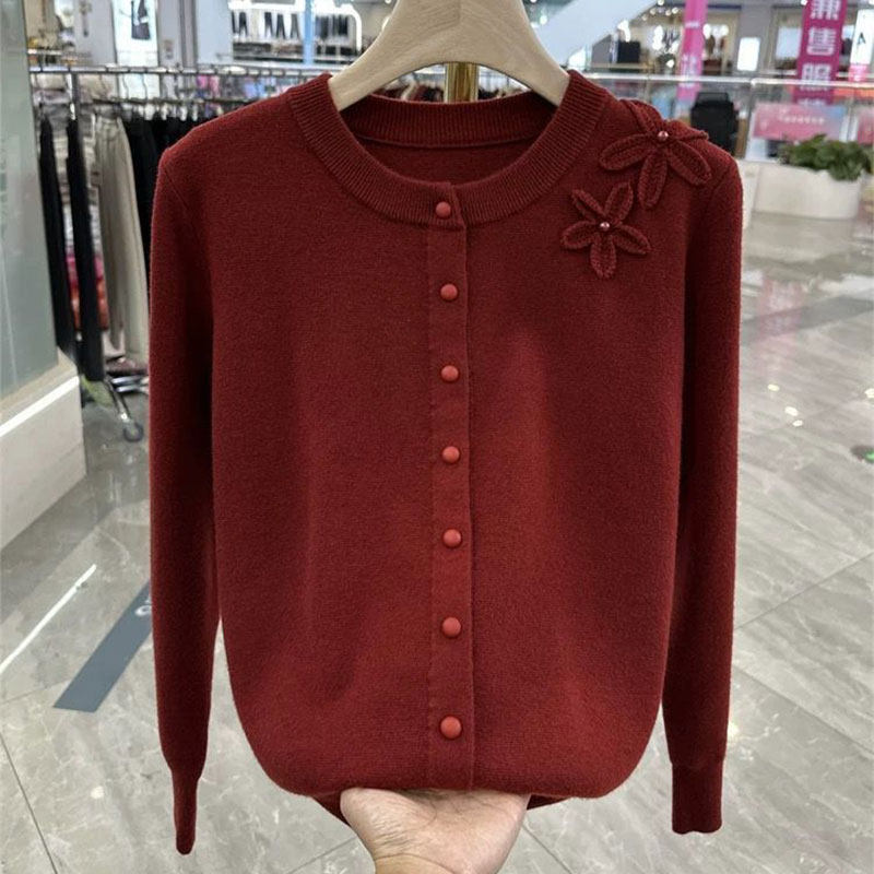 洋气减龄圆领妈妈装针织衫2025春秋新款宽松显瘦百搭开衫外套女士,淘宝优惠券,粉丝福利购,淘宝优惠卷