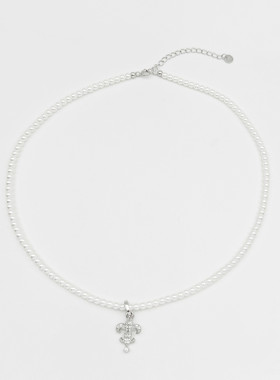 夏季新款中古925银满钻军花吊坠珍珠项链法式复古赫本风串珠项链