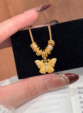 925纯银新中式复古精致重工蝴蝶镶钻万能扣吊坠棕绳盘缠抽拉项链