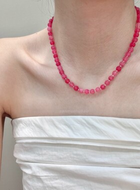 925纯银甜美少女风少女心可爱粉色马来玉间珠串珠粉色项链锁骨链
